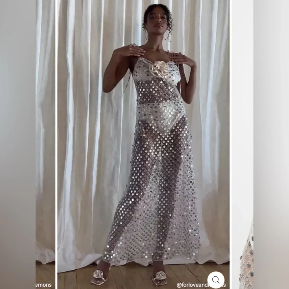 For Love & Lemons Charelle Maxi Dress in Silver - Size Small - Picture 2 of 11